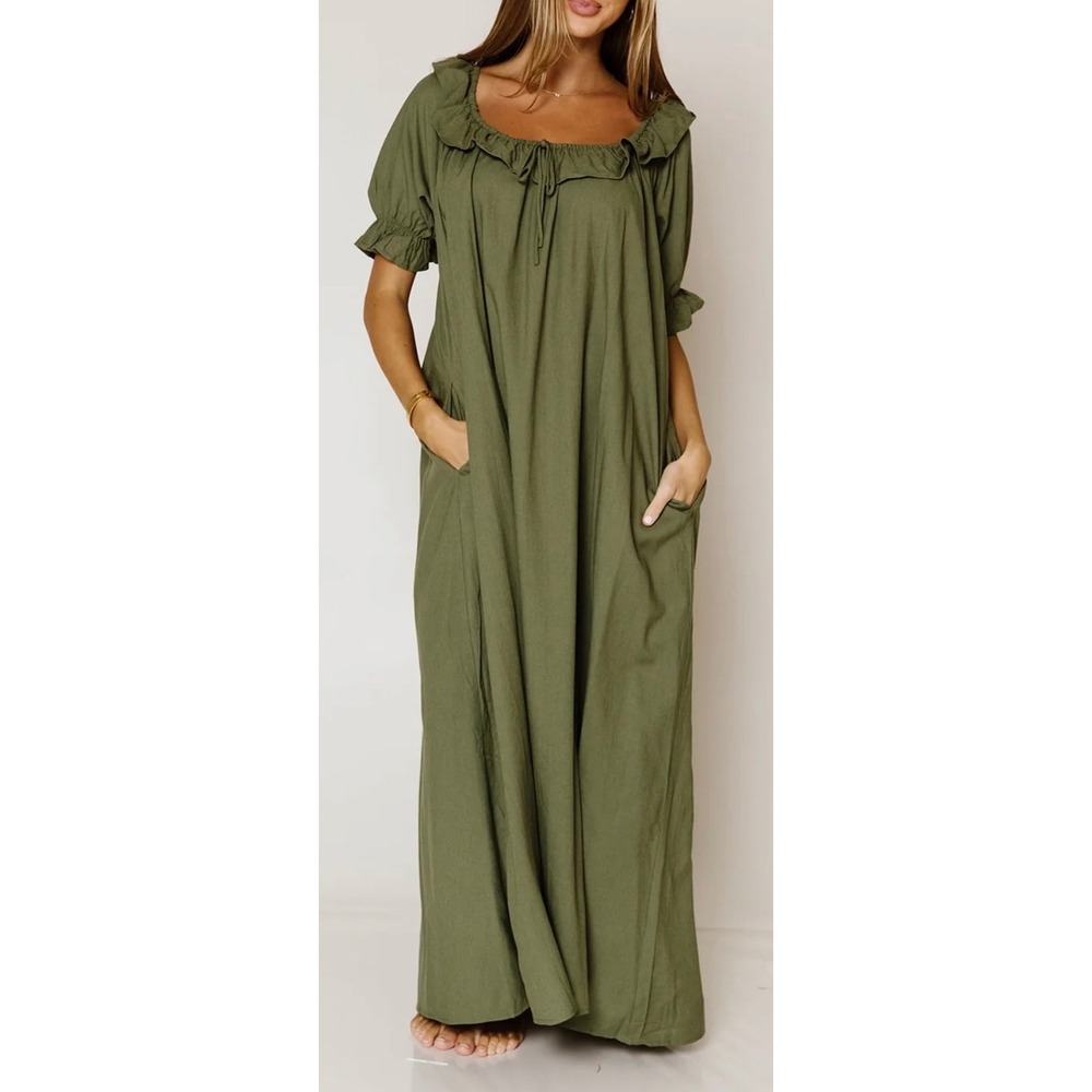 Worth Collective Audrey Maxi Dress Forrest Green Bump Friendly Linen Blend  L